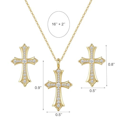 Gold Plated Imitation Diamond Cross Necklace and Earrings Set for Women Cubic Zirconia Trendy Stud Earrings and Cross Pendant Necklaces Jewelry Set Dainty Cross Cute Faith Jewelry Gifts Set - color: Gold