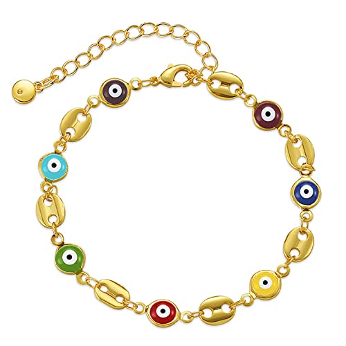Dainty Gold Bracelets for Women, 18 Gold Plated Adjustable Evil Eye/Butterfly/Beaded/Pearl/Heart/Turquoise Handmade Bracelet for Women - style: Evil Eye
