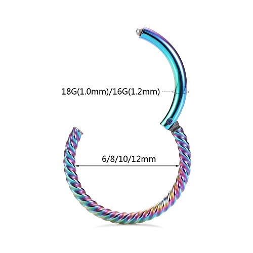 GAGABODY 2 Pcs Nose Rings 22G 20G 18G 16G 14G 12G 10G 8G Surgical Steel Piercing Rings for Nose Septum Cartilage Helix Tragus Conch Rook Daith Lobe from 5mm to 16mm Seamless Hoop Unisex Hinged Earrings - color: Rainbow -Twisted