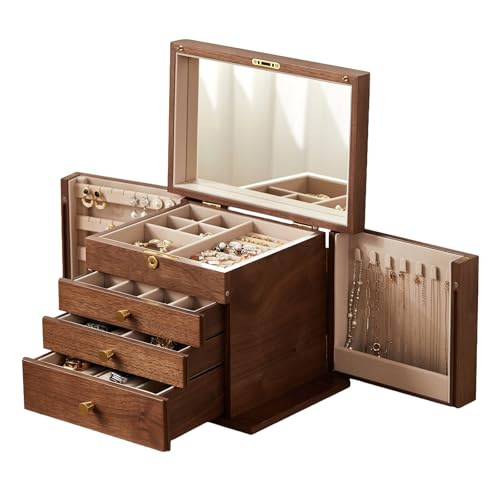 CHOSIN Black Walnut Wooden Jewelry Box for Women with Lock, Mirror, 4 Layer | Lockable wity Key, 3 Drawers, 2 Side Doors, Large Capacity for Necklaces, Earrings, Rings, Watches, Brooches, Women Gifts - size: 4 Layer - Full Lock