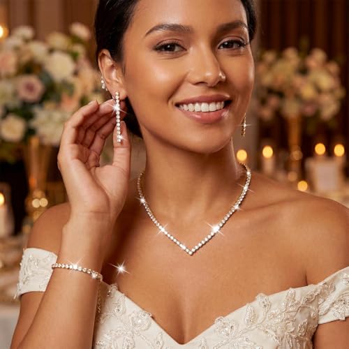 Unicra Rhinestone Bridal Wedding Jewelry Set Silver Necklace Earrings Bracelet Sets Prom Formal Costume Jewelry Sets for Women and Brides - color: Gold
