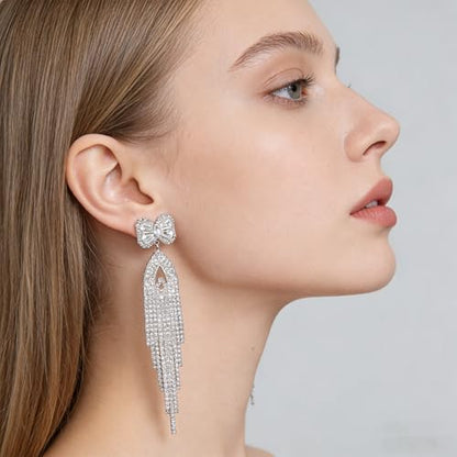 Rhinestone Earrings Dangling for Women Sparkly Silver Dangle Earrings Girls Long Chandelier Earrings Tassel Lightweight Ear Studs Cubic Zirconia (KE001S-W) - color: Bow YXE039PL-W