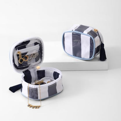 Travel Jewelry Case, White and Navy | Clear Coated, Stripe, Tassels, Mini Storage Box for Ring,Necklace,Bracelet,Gift - color: White+Navy