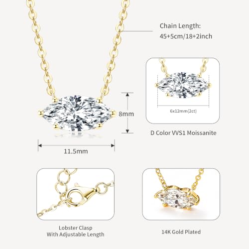 2CT Marquise Moissanite Pendant Necklace for Women | 6x12mm D Color Marquise Cut Moissanite, 14K Gold Plated Dainty Pendant Luxury for Wife Mom Birthday Gifts - color: Gold