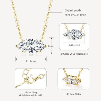 2CT Marquise Moissanite Pendant Necklace for Women | 6x12mm D Color Marquise Cut Moissanite, 14K Gold Plated Dainty Pendant Luxury for Wife Mom Birthday Gifts - color: Gold