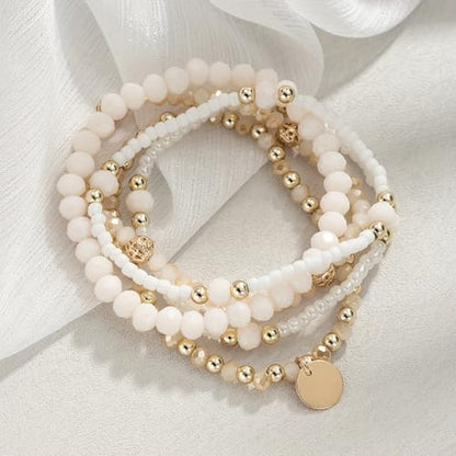5Pcs Gold Plated Beaded Bracelets Set Boho Beaded Stretch Bracelets For Women Stackable Crystal Handmade Friendship Braeclet Jewelry Gifts