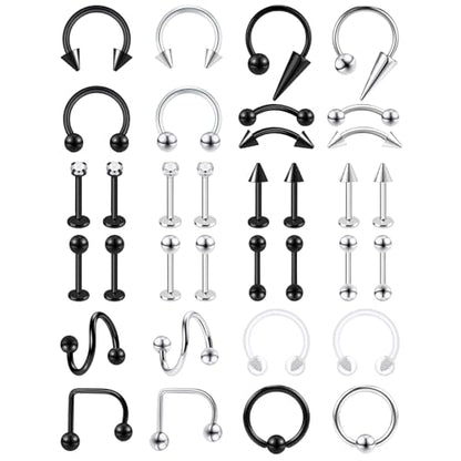 34Pcs 16G Lip Rings Stainless Steel Labret Jewelry Lip Barbell Spike Snake Bite Piercing Jewelry Horseshoe Septum Nose Ring Cartilage Tragus Helix Earrings Studs