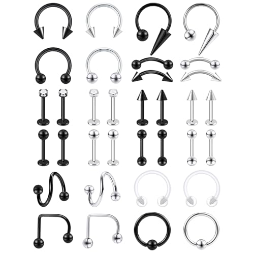 34Pcs 16G Lip Rings Stainless Steel Labret Jewelry Lip Barbell Spike Snake Bite Piercing Jewelry Horseshoe Septum Nose Ring Cartilage Tragus Helix Earrings Studs