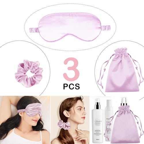 3Pcs Satin Eye Mask Silk Sleep Masks Set Silky Blindfold Eyeshade Blackout Eyes Cover Pouches Bag Scrunchy Wedding Gift-Color: Lilac - color: Lilac