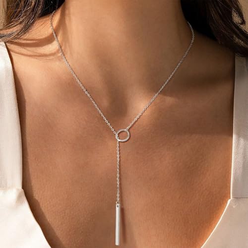 Lariat Necklace for Women, Dainty 14K Gold/Silver Plated Long Necklaces for Women Trendy Simple Layered Y-Shaped Pendant Necklace Adjustable Fashion Jewelry Gift - color: Silver, style: Bar Pendant