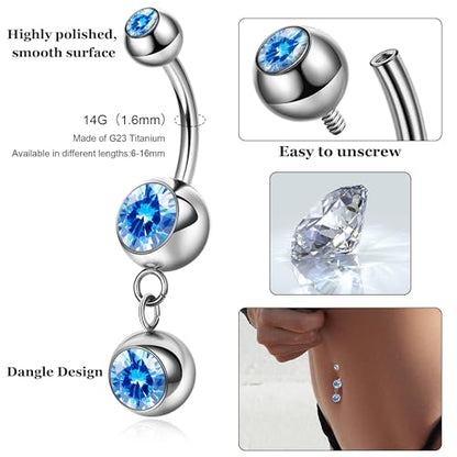 REVOLIA 14G G23 Pure Titanium Dangle Belly Button Rings for Women Hypoallergenic Dangling Navel Rings Internally Threaded Belly Rings for Sensitive Skin CZ Barbell Belly Button Piercing Jewelry 6-16mm - color: Blue