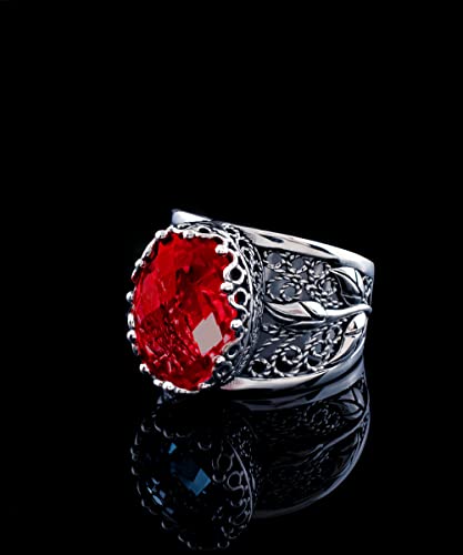 Filigranist 925 Sterling Silver Filigree Art Lace Embroidery Tulip Detailed Gemstone Women Cocktail Ring, Luxurious Gift Boxed - color: Hydro Ruby
