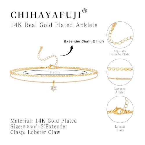 Sterling Silver Ankle Bracelets for Women 14k Gold Plated Waterproof Layered Stackable CZ Charm Non Tarnish Adjustable Anklet for Summer Beach Birthday Jewelry Gift - color: gold D