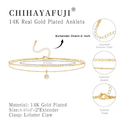 Sterling Silver Ankle Bracelets for Women 14k Gold Plated Waterproof Layered Stackable CZ Charm Non Tarnish Adjustable Anklet for Summer Beach Birthday Jewelry Gift - color: gold D