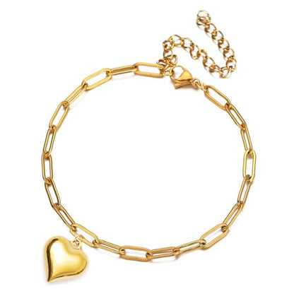 Stainless Steel Puffy Heart Charms Paperclip Chain Bracelet | Paper Clip,for Women,Love - color: 18K Gold Color
