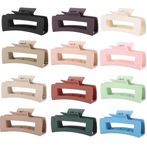 12 Pcs Neutral Square Hair Claw Clips – 4.3" Matte Finish Rectangle Claws for Women Thick & Thin Hair, Everyday Bulk Hair Accessories Set - color: Neutrals