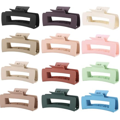 12 Pcs Neutral Square Hair Claw Clips – 4.3" Matte Finish Rectangle Claws for Women Thick & Thin Hair, Everyday Bulk Hair Accessories Set - color: Neutrals