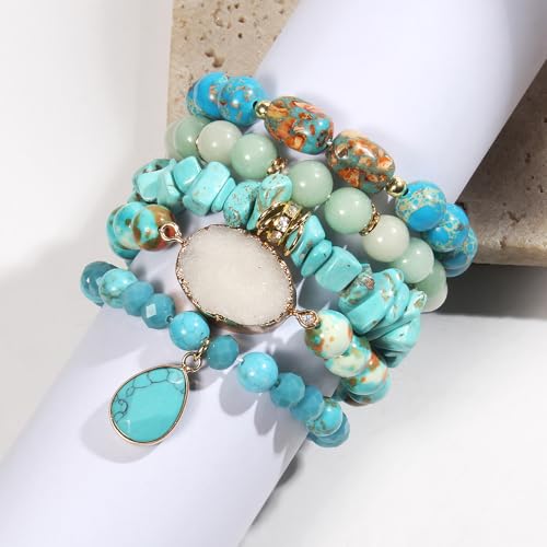 Yomisa 5PCS 6PCS Natural Boho Beaded Bracelets/Bangle for Women Men,Healing Turquoise Jasper Agate Crystal Gemstone Stone Chakra Multilayer Wrap Bohemian Handmade Jewelry Beads Stretch Bracelet Set - color: 5PCS-Turquoise