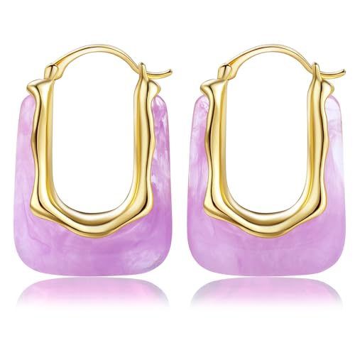 Resin Gold Hoop Earrings Chunky Statement Acrylic Huggie Dangle Fun Jewelry | Colorful Summer Hypoallergenic Drop U Hoops Boho Cute Western Vintage Unique Funky Beach Vacation Outfits for Women Trendy - color: Purple, size: Huggie