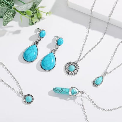 NEWITIN 20 Pieces Silver Bohemian Jewelry Set for Women Fashion Costume Jewels Turquoise Necklace Bracelet Ring Earrings Western Turquoise Jewelry Set for Women - color: Turquoise Jewelry Blue Set