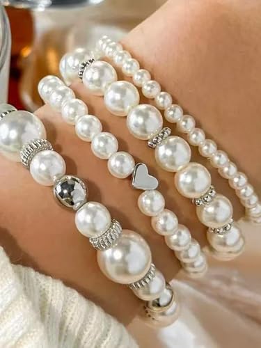 4/8 Pack Pearl Bracelets for Women Simulated Pearl Beaded Stackable Bracelet Set White Pearls Stretch Bracelet Set Multilayered Elastic Pearls Bracelets Bangles for Women Bridal Boho Jewelry - color: Gold Silver