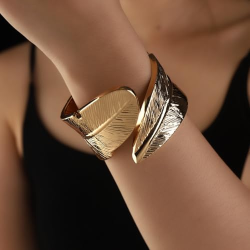 Chunky Cuff Bracelets for Women Leaf Gold Statement Bangle Bracelets Exaggerate Hammered Open Bangles Jewelry - color: X-Gold