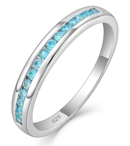 YL Stackable Rings 925 Sterling Silver Halo Birthstone Eternity Bands Jewelry for Women - color: 03-aquamarine-Mar