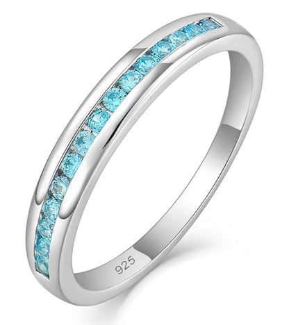 YL Stackable Rings 925 Sterling Silver Halo Birthstone Eternity Bands Jewelry for Women - color: 03-aquamarine-Mar