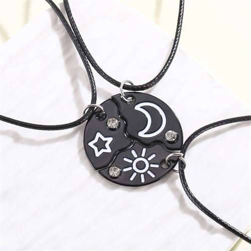 3pcs Friendship Moon Sun Star Puzzle Matching Necklace Set Gold Silver Plated Cute Crescent Round Circle Geometric Best Friend BFF Pendant Necklace for 3 Women Sisters Daughter Birthday Jewelry Gifts - color: Black