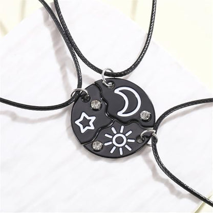 3pcs Friendship Moon Sun Star Puzzle Matching Necklace Set Gold Silver Plated Cute Crescent Round Circle Geometric Best Friend BFF Pendant Necklace for 3 Women Sisters Daughter Birthday Jewelry Gifts - color: Black
