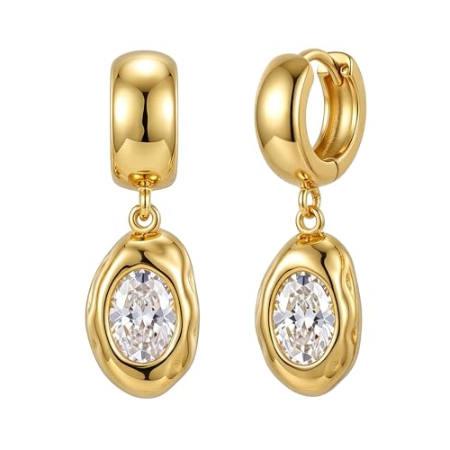 14K Gold Plated Chunky Huggie Hoop Earrings, Plump Teardrop Dangle Drop Earrings Elegant Statement Jewelry for Women - color: CZ oval/gold