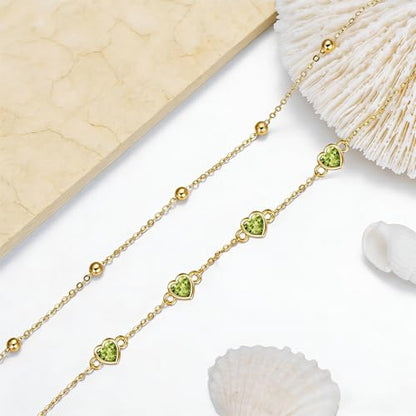 Midari 18K Yellow Gold Gemstone Birthstone Anklet Bracelet Heart Jewelry with 12 Months Birthstone Birthday Gifts for Women Wife Her Daughter Mom - color: 08-Aug-Peridot, size: Anklet 9"-11"