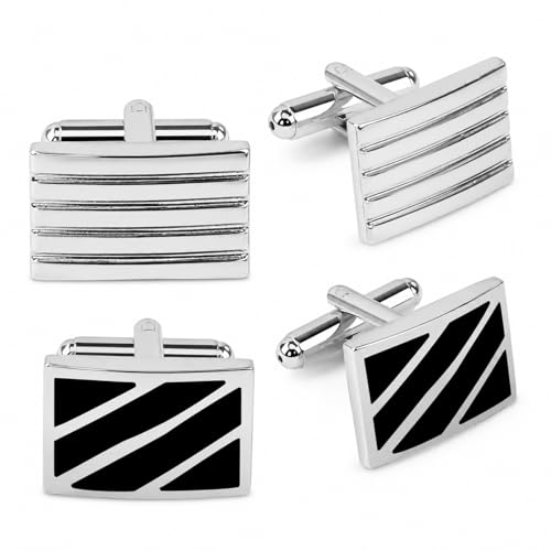 2 Pairs French Cufflinks for Men Luxury Silver Plated Rectangle Shirt Studs with Black Enamel Diagonal Stripes Business Tuxedo Suit Accessories Modern Grooved Line Set