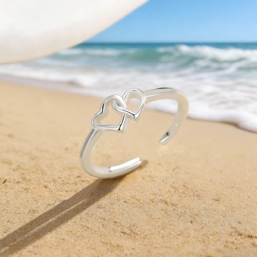 925 Sterling Silver Heart Toe Rings for Women Non Tarnish | Cute Dainty Love Knot Pinky Ring Adjustable Open Band Hypoallergenic Waterproof Summer Beach Wedding Foot Jewelry Accessories - color: Silver