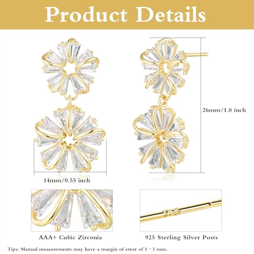 Gemsme Bridal Wedding Earrings for Brides Bridesmaides, 925 Sterling Silver Posts hypoallergenic Cubic Zirconia stud,Drop & Dangle Earrings for Women Jewelry Gifts - color: Gold - Flower Drop Earrings
