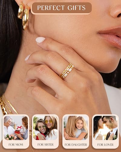 FUNEIA Stackable Silver Gold Rings for Women Non Tarnish 14K Gold Plated Thumb Cubic Zirconia Rings for Women Dainty Pinky Promise Wedding Ring Set Women's Engagement Eternity Band Rings Gold Jewelry - color: B-Gold Rings