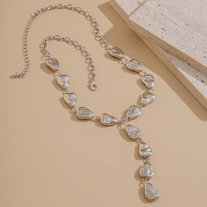 Gold Statement Lariat Necklace for Women Long Chunky Silver Y Shaped Necklace Big Baroque Shaped Drop Necklace Trendy Statement Jewelry Gift - color: silver