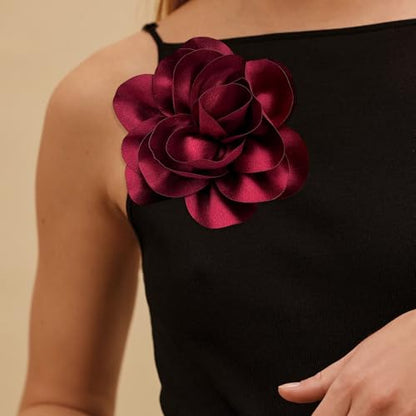 2Pack 6inch Extra Large Satin Brooches Lapel Pins Dainty Elegant Fabric Camellia Rose Flower Brooch Pin for Women Wedding Part Dance Clothes Accessories Jewelry - color: Dark Red