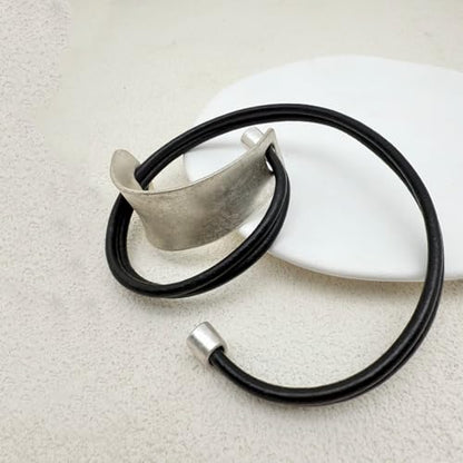 Leather Wrap Bracelet for Women Bangle Bracelet Handmade Bohemian Bangle Bold Statement Leather Bracelet for Women Trendy - style: Black Leather Wrap Bracelet