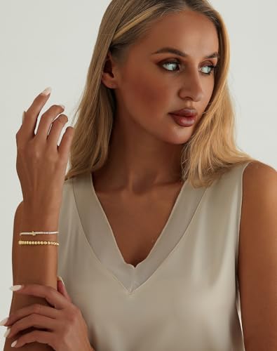 14K Gold Plated Bracelets for Women Dainty Tennis Initial Bracelet Trendy Beaded Stackable Charm Bracelets Layered Waterproof Bracelet Dainty Bracelet for Women Jewelry Gifts - style: L