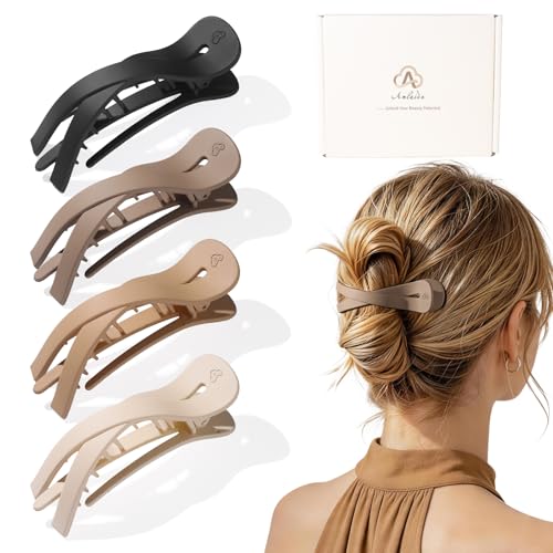 Large Flat Hair Clips for Women, French Flat Claw Clips for Medium Thick Hair | Strong Hold Hair Clips for Styling, Driving, Daily Wear | Beige, Light Dark Khaki, Black - 4Pcs - color: Black, Dark Khaki, Light Khaki, Beige