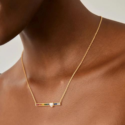 Fettero Dainty 14K Gold Plated Cubic Zirconia Necklaces for Women, Simple Bar Pendant Necklace, Mix-color Rainbow Jewelry Gold Necklace for Women Trendy Gifts - style: Rainbow Heart