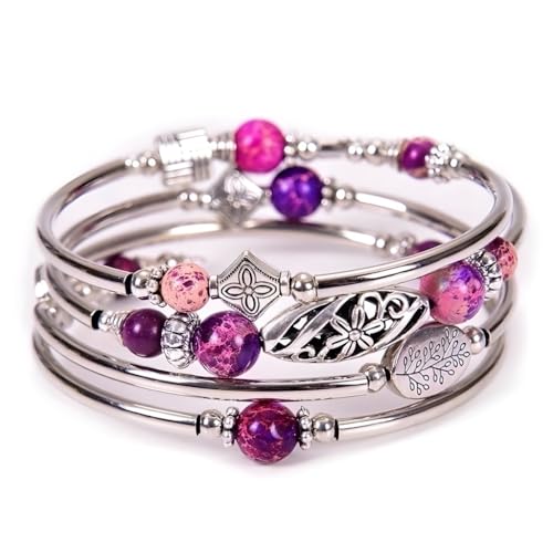 Boho Wrap Beaded Bracelet for Women – Handmade Natural Stone Jewelry – Stainless Steel Adjustable Ethnic Chic Gift - color: Purple Emperor