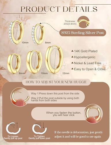 Jstyle Small Gold Hoop Earrings for Women, CZ/Plain Hoops Earring Stacks | Hypoallergenic Earing Hoops for Sensitive Ears, Secure Clasps, Huggie Earrings Stack Set for Cartilage, 14K Gold/Silver/Black - color: 14K Gold Plated - with Sterling Silver Post