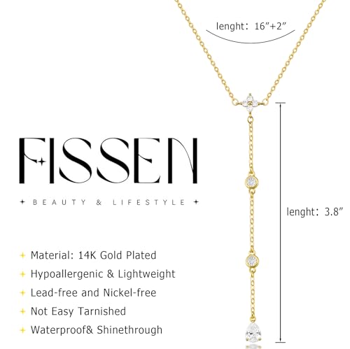 14K Gold Plated Layered Lariat Necklace for Women - Waterproof Non-Tarnish Dainty Gold Chain Necklace, Long Boho Statement Jewelry for Wedding, Prom, Summer Vacation Gifts - color: Four CZ Y Necklace-Gold