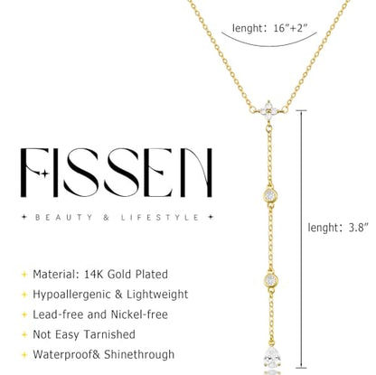 14K Gold Plated Layered Lariat Necklace for Women - Waterproof Non-Tarnish Dainty Gold Chain Necklace, Long Boho Statement Jewelry for Wedding, Prom, Summer Vacation Gifts - color: Four CZ Y Necklace-Gold