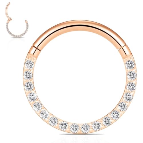 WBRWP 316L Stainless Steel Nose Hoop Rings Clicker with Zircon/Opal 14g-20g | Hypoallergenic Nose Rings Segment Clicker Lip Rings Cartilage Rook Conch Earrings Diameter 5mm-10mm - color: Flat Rose Gold ring with zircon -1pc Pack