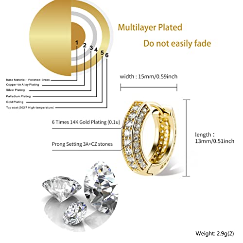 Iced Out Hoop Earrings Cubic Zirconia Huggie Cartilage Cuff Hypoallergenic 14K Gold Plated Luxury Fashion Round Circle Earrings For Men Women - color: 01 Gold