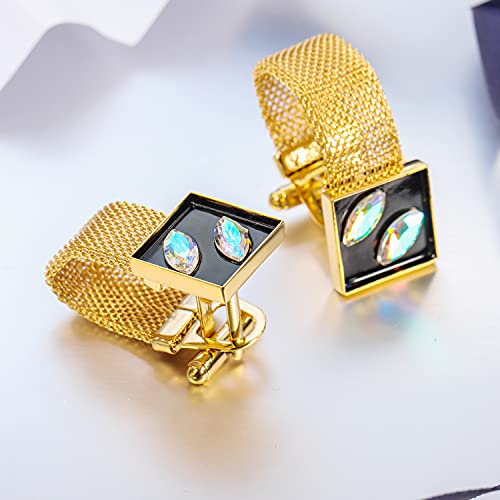 HAWSON Mens Cufflinks with Chain - Stone and Shiny Gold Tone Shirt Accessories - Party Gifts for Young Men - color: 24K Gold Color+White Symphony Crystal