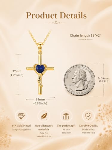 14K Gold Cross Necklace for Women Dainty Birthstone Pendant | Heart I Love You Romantic Jewelry Anniversary Christian Religious Baptism Birthday Gifts with 18"+2" Adjustable Chain - color: 14K Gold-09-Sep Birthstone